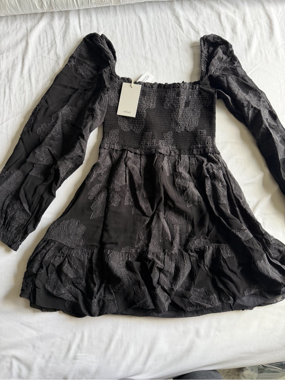 Aritzia Black Puff-Sleeve Smocked Bodice Mini Dress